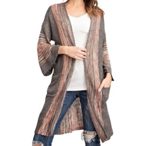 Easel Boho Duster Cardigan Bell Sleeve Open Front Striped S/M Longline Boho